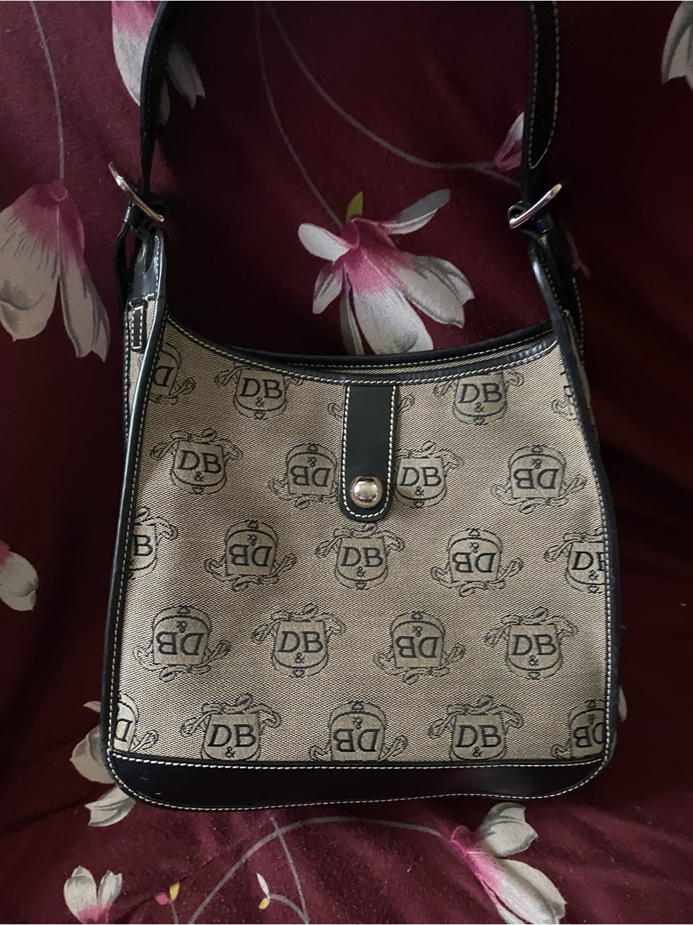 Dooney & Bourke Beige Monogram Shoulder Bag with Black Trim
